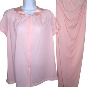 Vintage Vanity Fair Pajama Set S Pink Nylon Short Sleeve Button Top Long Pants